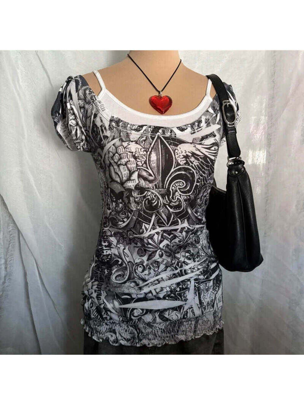 vintage y2k grunge mcbling black and white layered tee